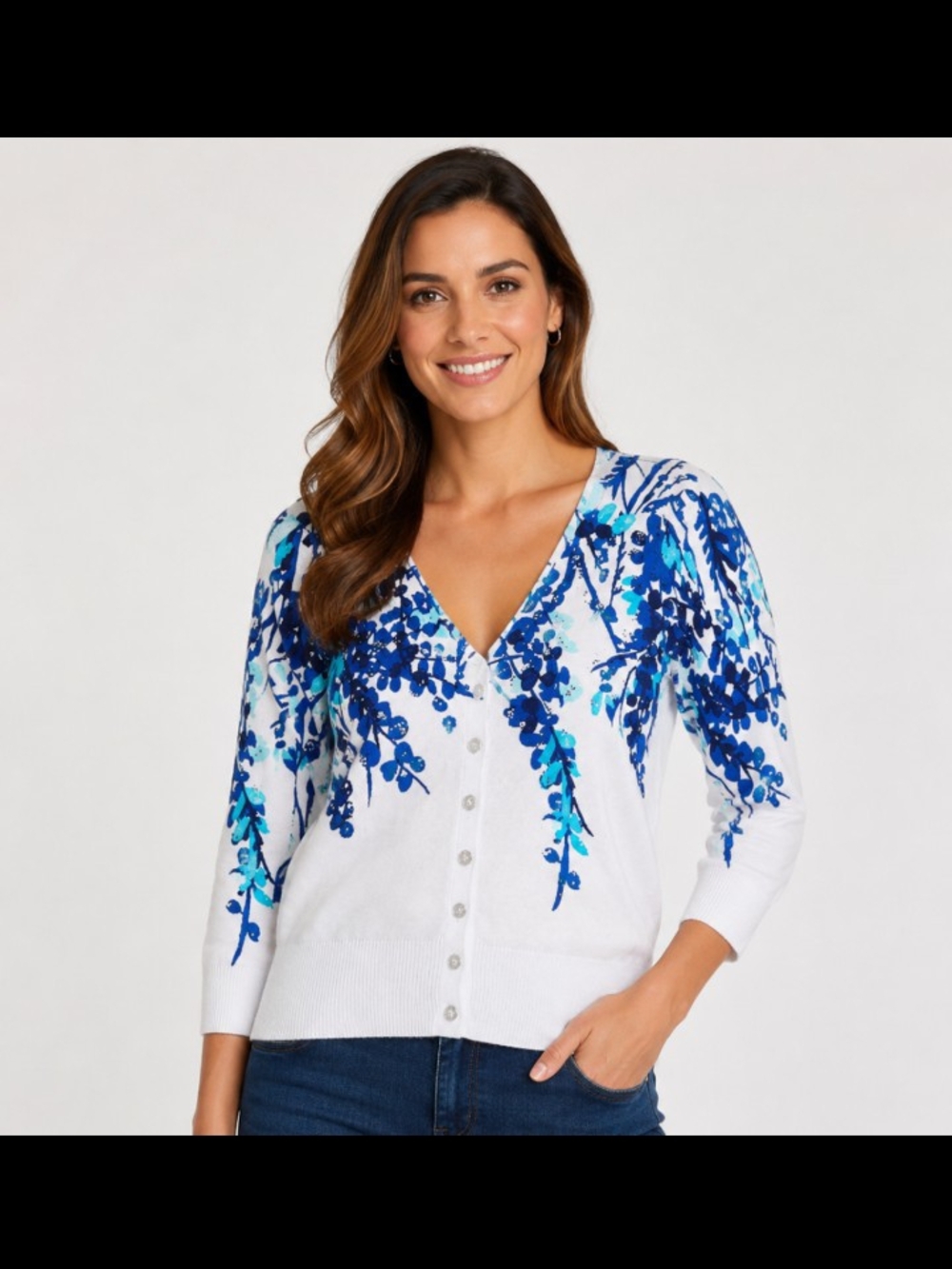 INC International Concepts White V-Neck Cardigan with Blue Floral Print S